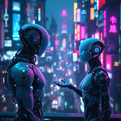The primary subject of the image is a futuristic cityscape with two robotic characters standing next to each other. The setting is a city with a lot of lights, and the visual style is a combination of photo and digital art. The colors and mood of the image are predominantly blue and purple, creating a sense of mystery and intrigue.
